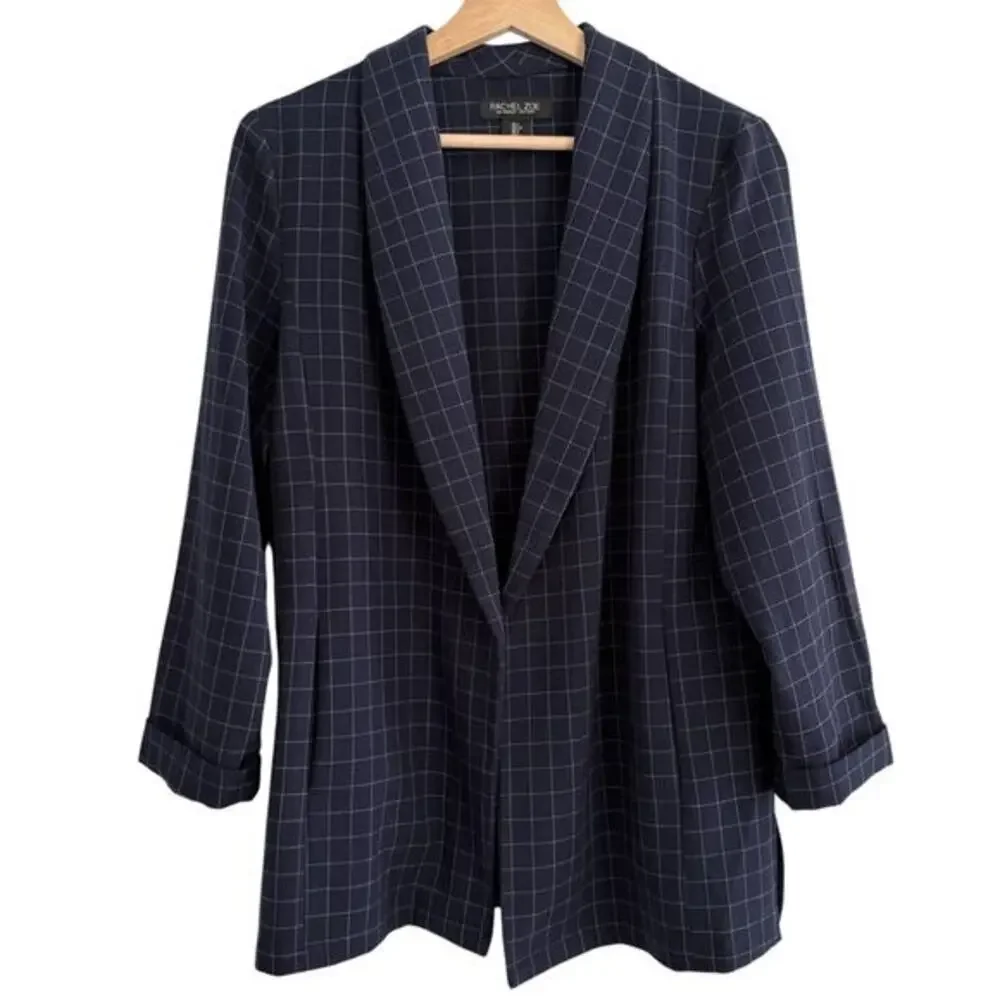 RACHEL‎ ZOE Open Front Knit Blazer Jacket Navy Blue Windowpane Check Preppy S
